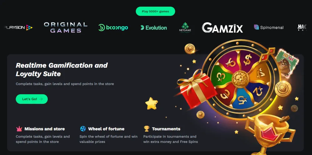 Suite de lealtad Bet On Red con una rueda de la fortuna interactiva y misiones de recompensa.